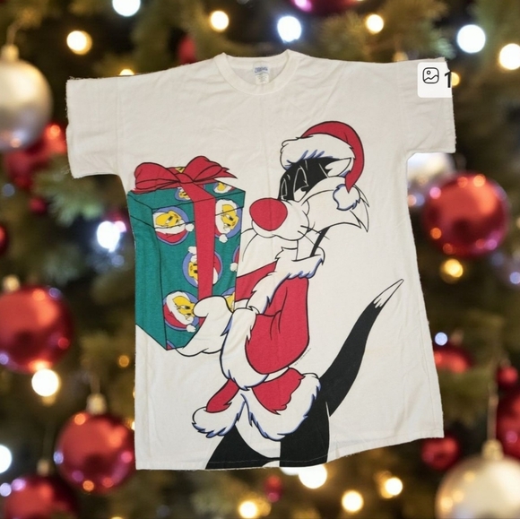 VTG 90s Warner Bros Looney Tunes X-Mas Sylvester & Tweety BIRD GRAPHIC T Shirt - Picture 1 of 9